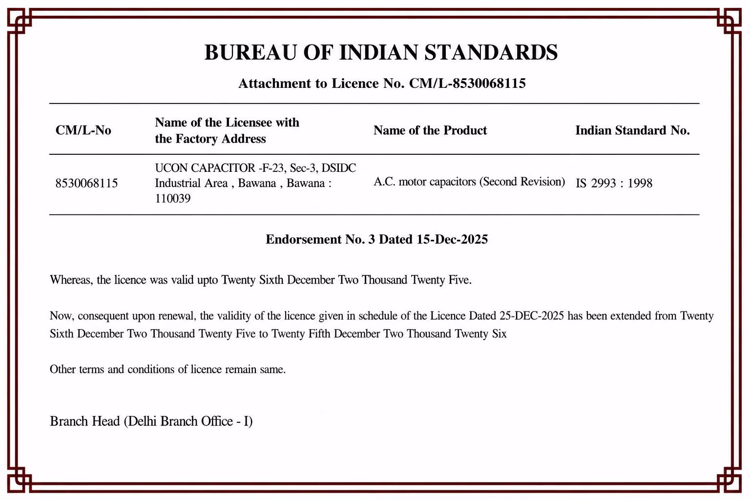 ISI Certificate - A.C. Motor Capacitors